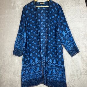 Maggie Shepherd Blue Ikat Heart Print Duster Cardigan Open Front Australia L
